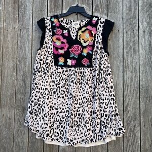 Savanna Jane Leopard Print Floral Embroidered Cap Sleeve Flutter Top Size 1X
